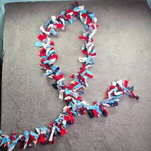Fabric Garland Rustic Rag Lighted 12' Farmhouse Blue Red White Presents Snowman